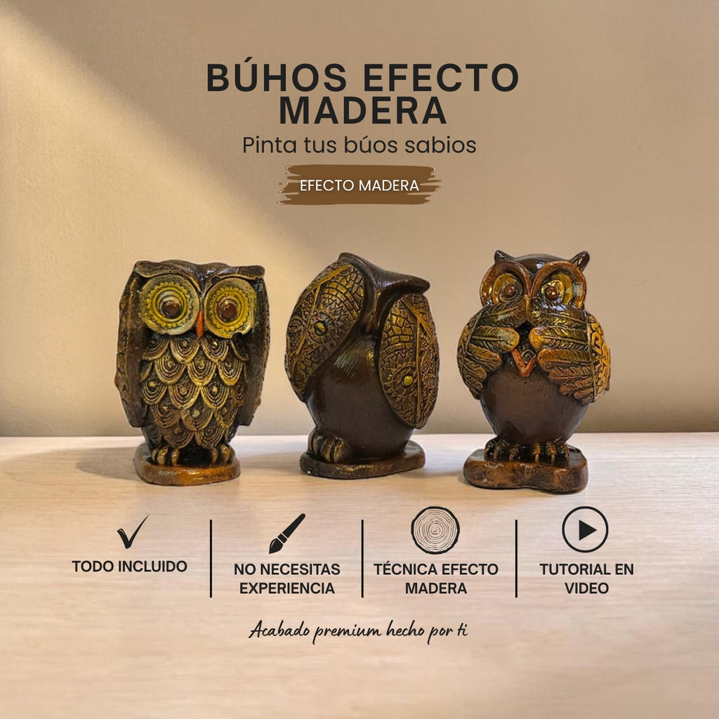 🦉 CREA — pinta tus búhos sabios efecto madera
