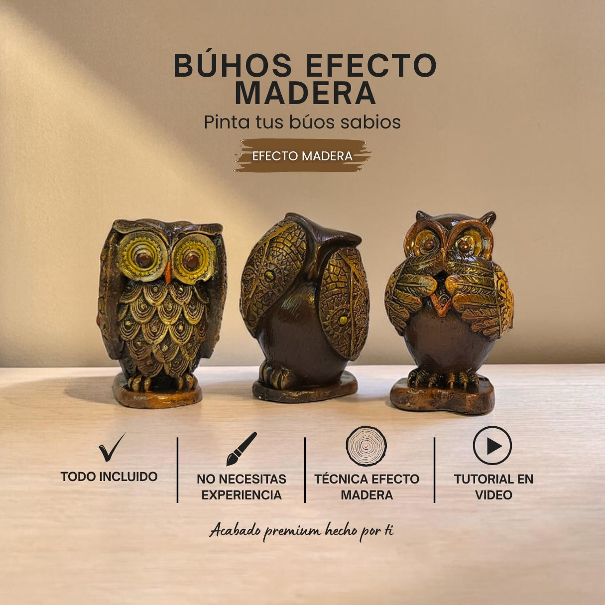 🦉 CREA — pinta tus búhos sabios efecto madera