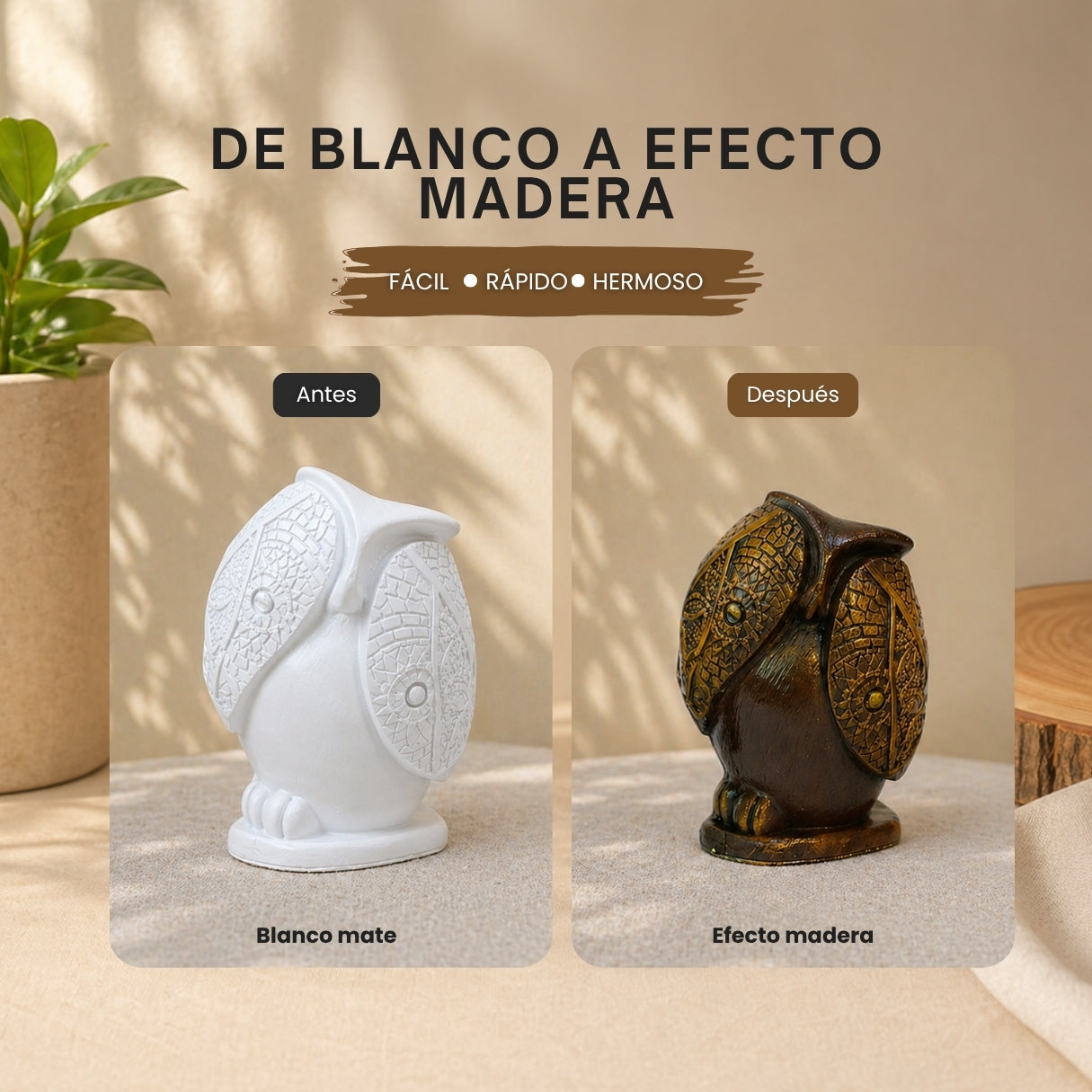 🦉 CREA — pinta tus búhos sabios efecto madera