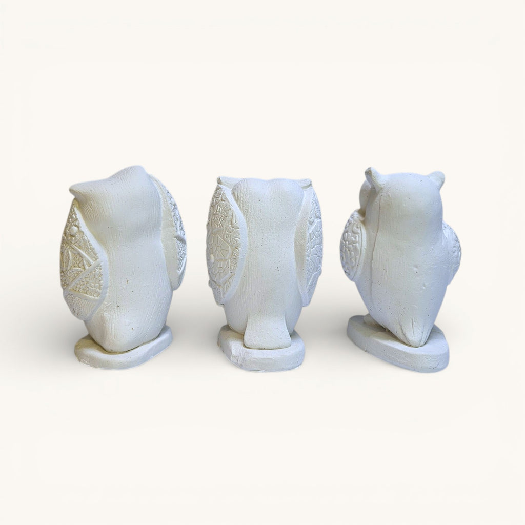 Búhos en Yeso para Pintar – Set Artesanal x3